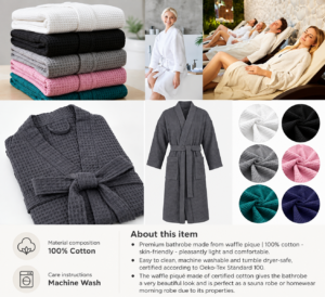 A collage of waffle-textured bath towels in white, black, gray, pink, and teal stacked on a table; a woman in a white bathrobe; spa guests reclining in robes; a folded dark gray robe; a full-length gray waffle robe with belt; circular color swatches of towel fabrics in white, black, gray, pink, teal, and navy; and an information panel noting 100% cotton and machine wash care.