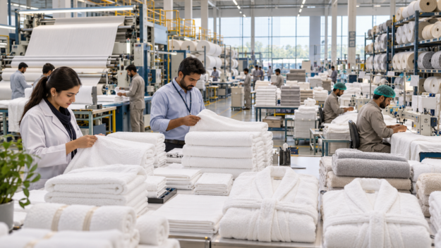 Workers in a towel manufacturing plant folding and stacking white towels at a production station the size of a large factory floor