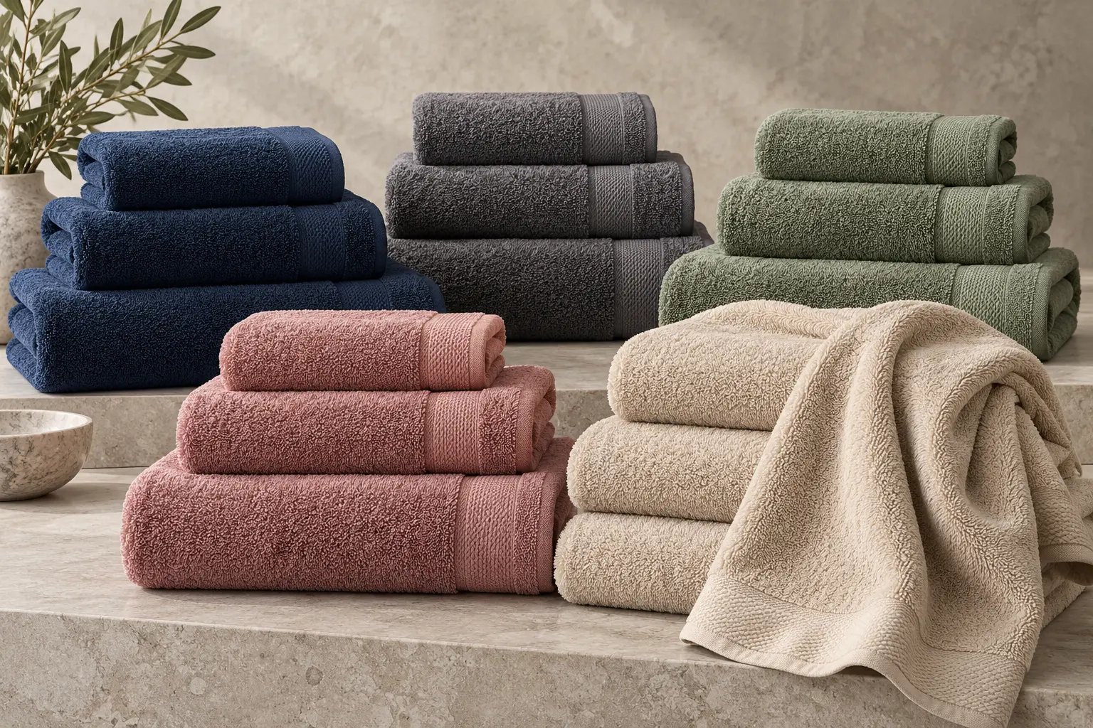 Illustrative dyed cotton towel collection in navy, charcoal, sage green, dusty rose and sand beige