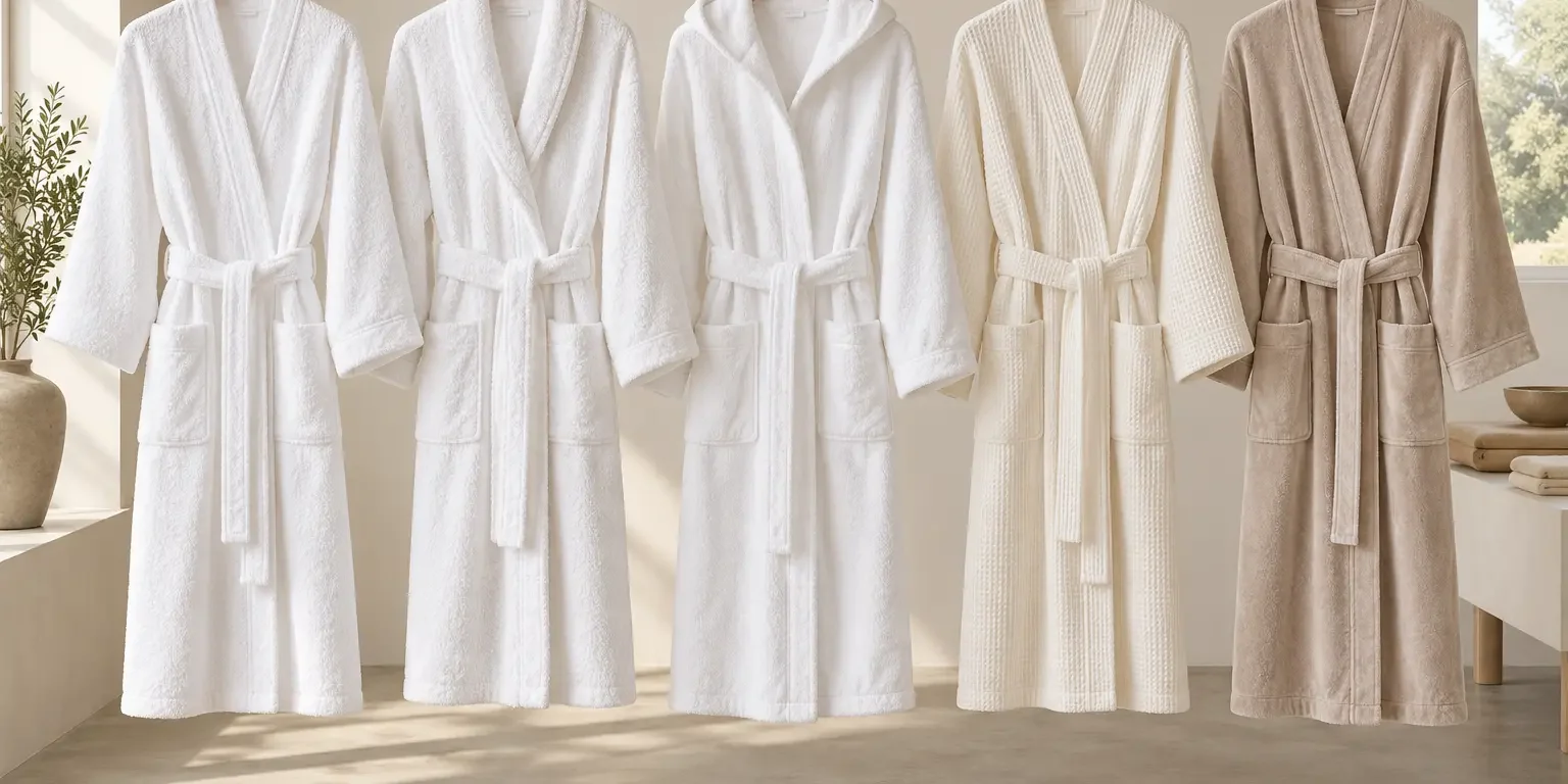 Illustrative collection of terry kimono, shawl-collar, hooded, waffle piqué and velour bathrobes