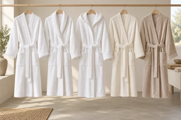 Illustrative collection of terry kimono, shawl-collar, hooded, waffle piqué and velour bathrobes